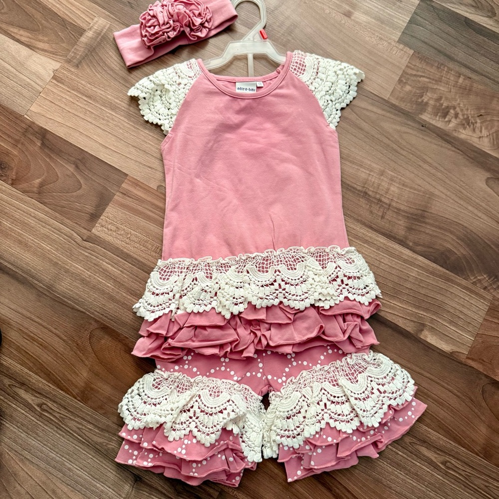 Adora-Bay Pink and White Lace Ruffle Outfit with Headband